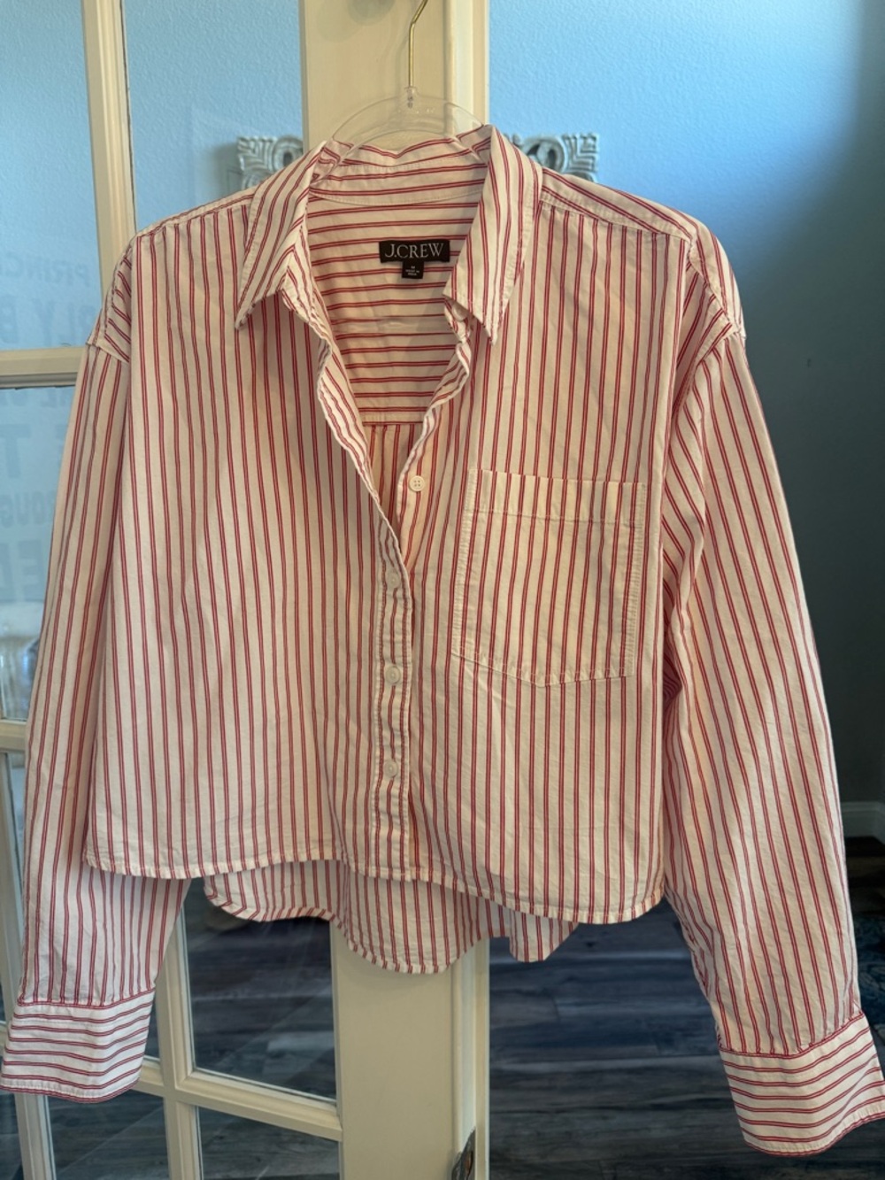 J. Crew Red and White Striped Cotton Button-Down Shirt Size M - Picture 2 of 9